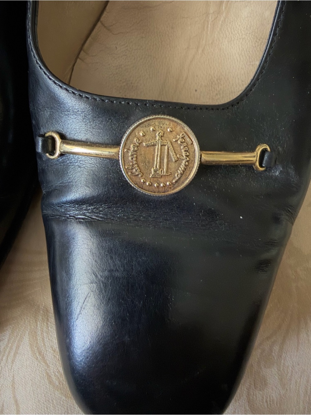 Salvatore Ferragamo Black Leather Mid-Heel Pumps with Gold Medallion - Picture 7 of 8
